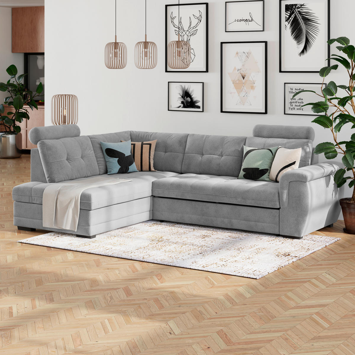 ECKSOFA  Mikrofaser, Struktur Hellgrau  - Hellgrau/Schwarz, Konventionell, Kunststoff/Textil (251/183cm) - MID.YOU