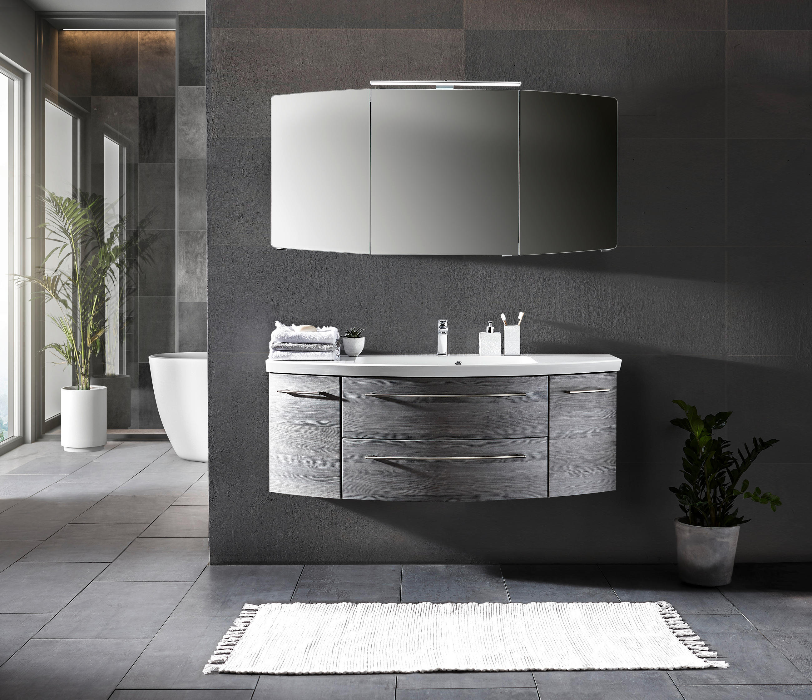 Thumbnail - Sadena Badezimmer, Grau, Holzwerkstoff, 2 Schublade(n) Schubladen, 141 cm, Goldenes M, Made in Germany, erweiterbar, Typ...