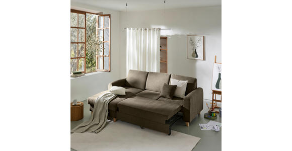 ECKSOFA Braun Flachgewebe Bettkasten, Schlaffunktion, Rücken echt, Kopfstütze, Liegefläche im Originalstoff  - Buchefarben/Braun, KONVENTIONELL, Holz/Textil (166/241cm) - Carryhome