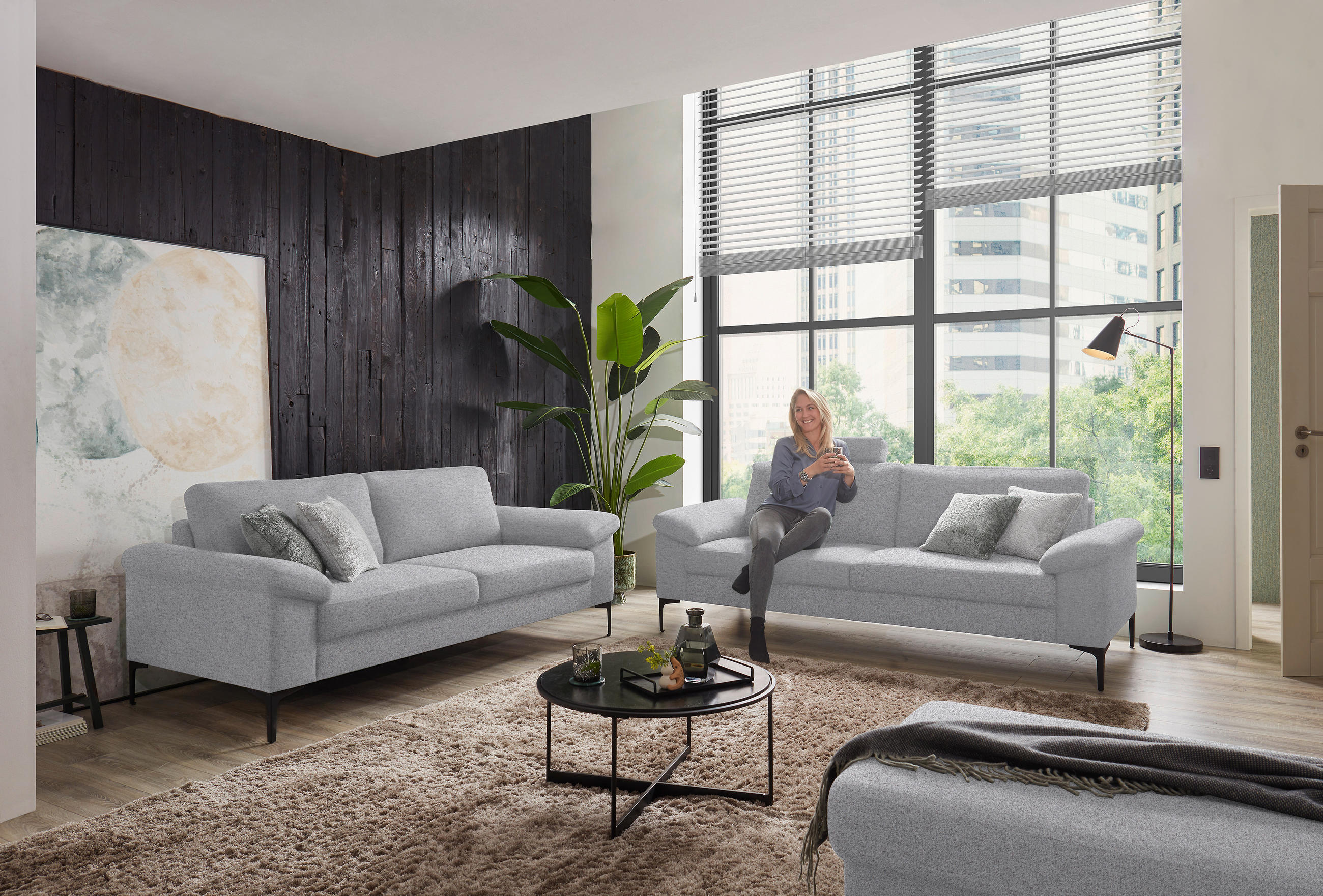 3-SITZER-SOFA in Flachgewebe Hellgrau  - Hellgrau/Schwarz, Design, Textil/Metall (226/89/97cm) - Pure Home Lifestyle