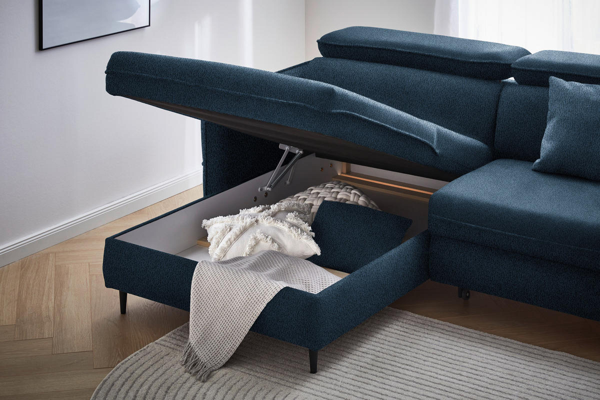 ECKSOFA in Flachgewebe Dunkelblau  - Schwarz/Dunkelblau, Design, Holz/Textil (185/232cm) - Stylife