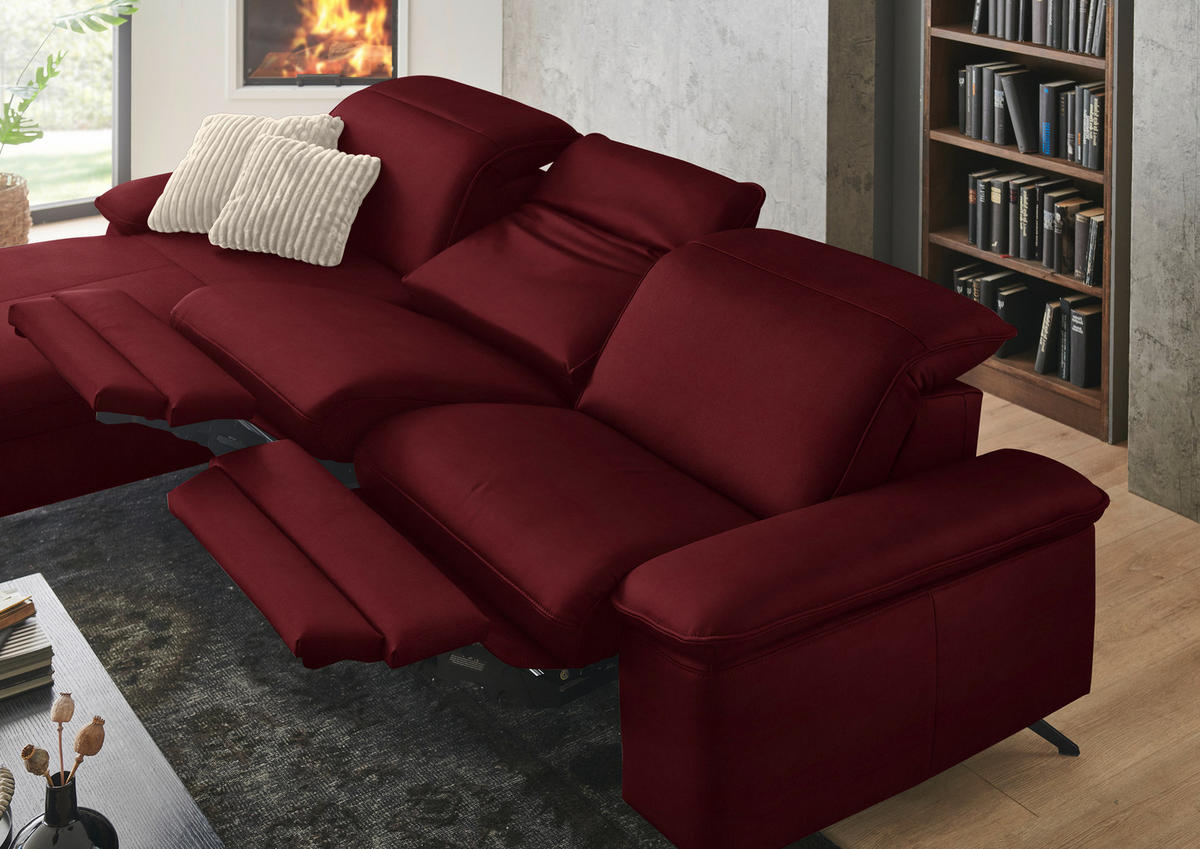 ECKSOFA  Echtleder Bordeaux  - Bordeaux/Schwarz, Design, Leder/Metall (169/307cm) - Beldomo Premium