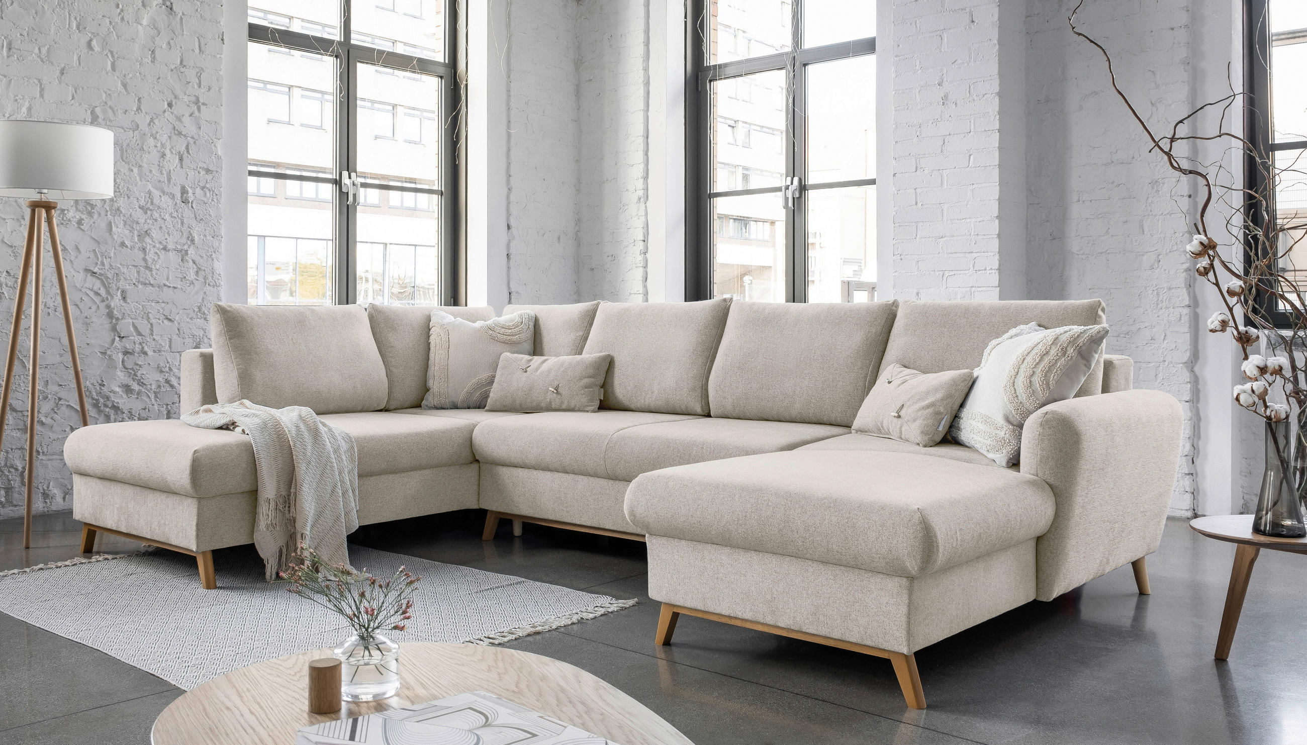 WOHNLANDSCHAFT Beige Chenille  - Beige/Naturfarben, Holz/Textil (202/312/157cm) - MID.YOU