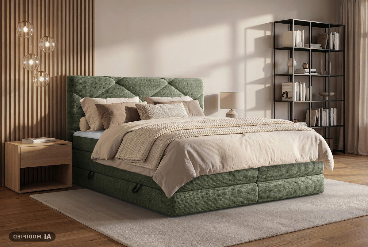 BOXSPRINGBETT 140/200 cm,  in Salbeigrün, Bettkasten, Matratzen, H3 + H4 = fest + sehr fest  - Salbeigrün/Schwarz, KONVENTIONELL, Kunststoff/Textil (140/200cm) - Carryhome