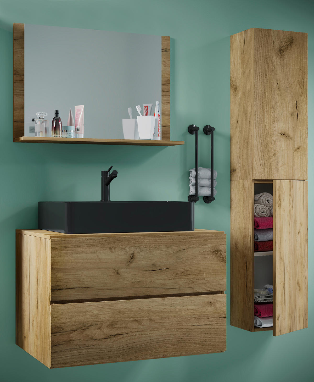 BADEZIMMER 4-teilig  in 114 cm  - Honigeiche/Schwarz, MODERN, Glas/Keramik (114cm) - MID.YOU