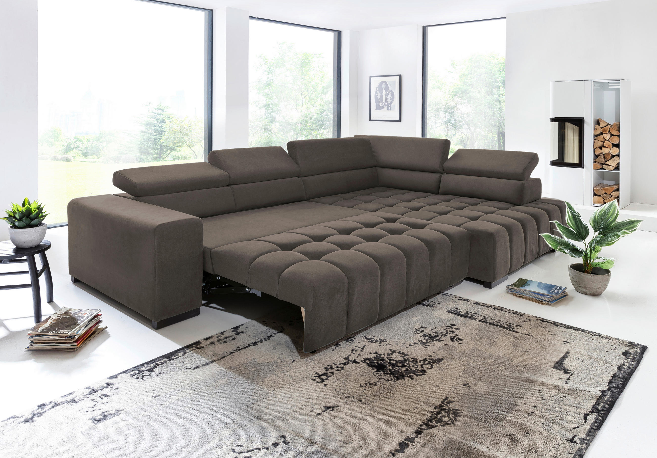 ECKSCHLAFSOFA Braun Velours  - Schwarz/Braun, Design, Holz/Textil (307/201cm) - Livetastic