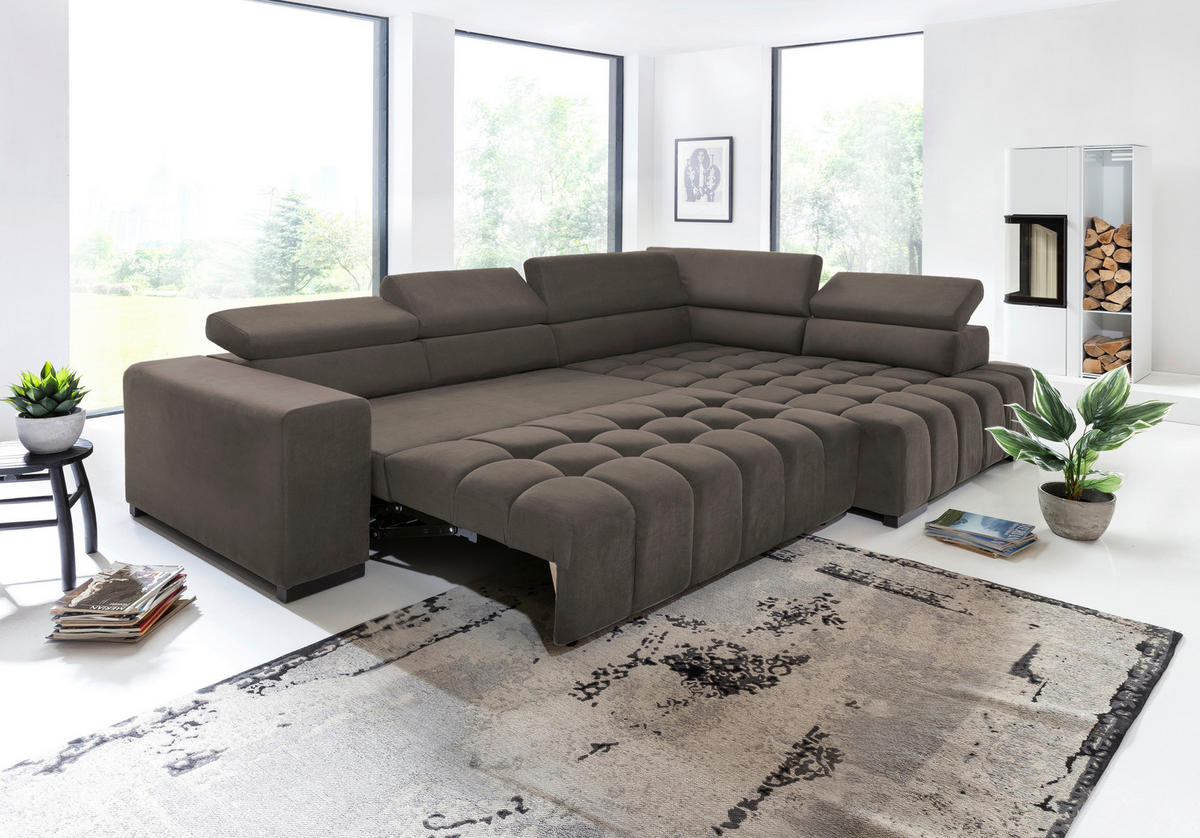 ECKSCHLAFSOFA in Braun Textil   - Schwarz/Braun, Design, Holz/Textil (307/201cm) - Livetastic