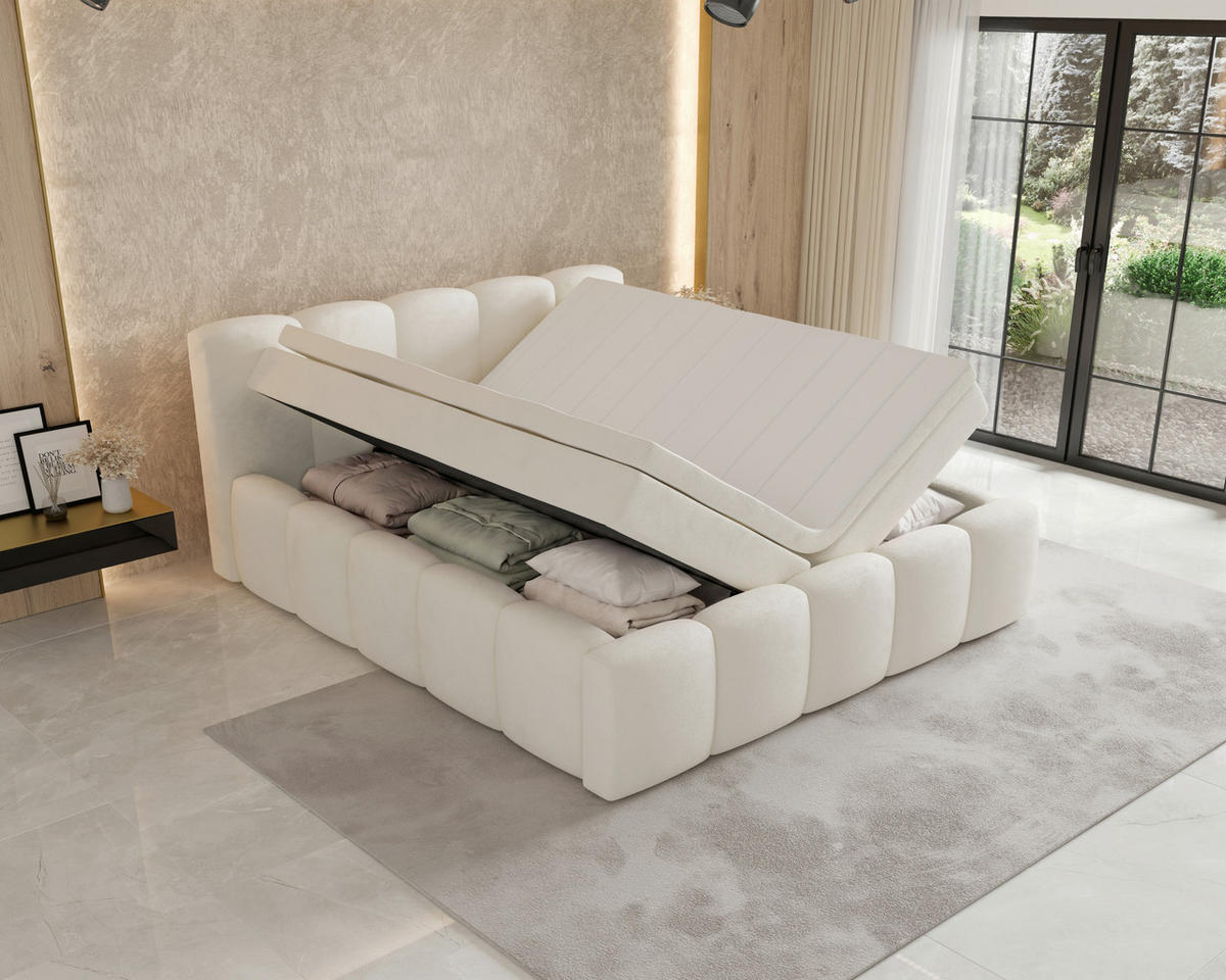BOXBETT 140/200 cm,  in Beige, Bettkasten, Topper, H2 = mittel  - Beige/Schwarz, MODERN, Textil (140/200cm) - MID.YOU