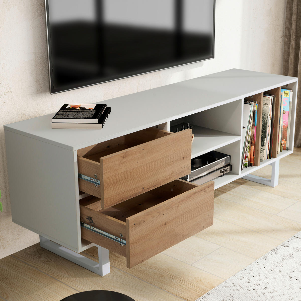 LOWBOARD  in 150/55/40 cm  - Weiss/Eichefarben, Design, Holzwerkstoff/Metall (150/55/40cm) - Livetastic