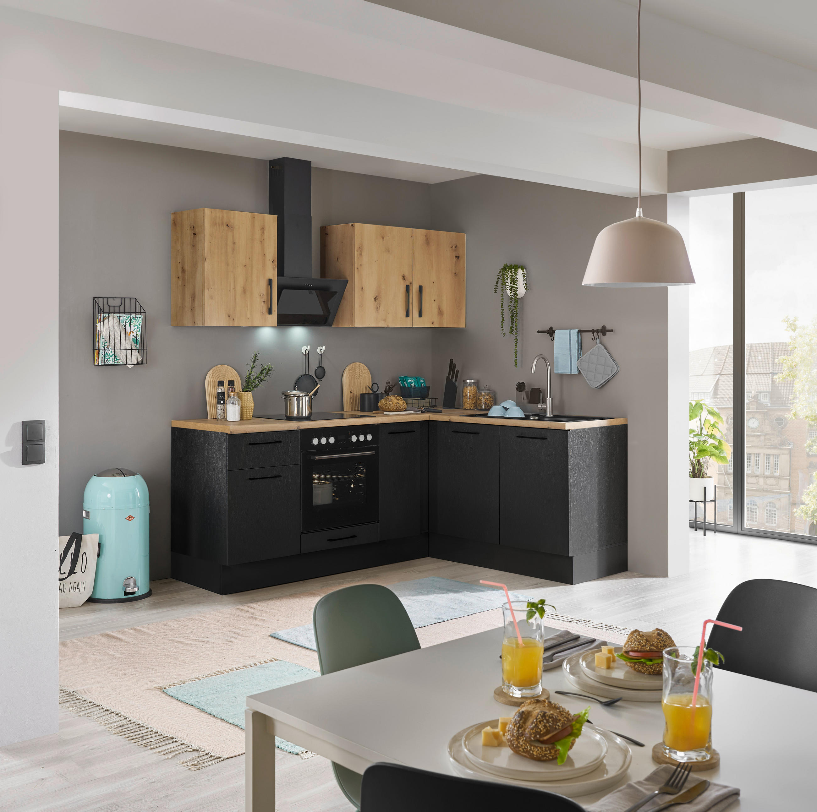 ECKKÜCHE 210/165 cm  in Schwarz, Eiche Artisan  - Schwarz/Eiche Artisan, Basics, Holzwerkstoff/Metall (210/165cm) - MID.YOU