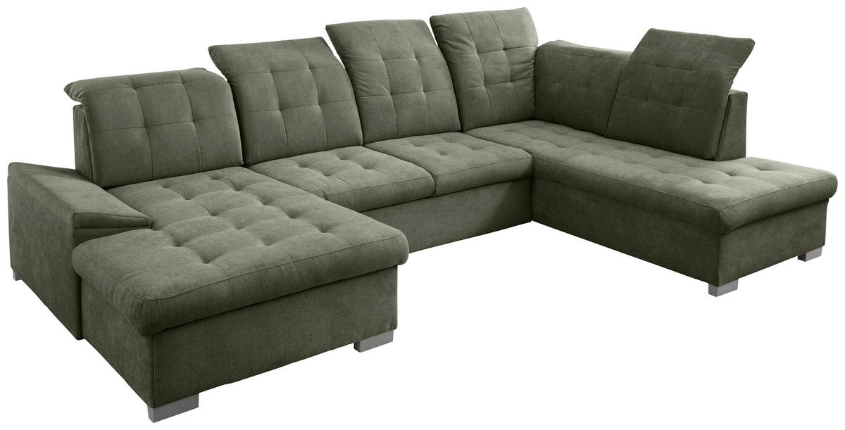 WOHNLANDSCHAFT in Mikrofaser Dunkelgrün  - Chromfarben/Dunkelgrün, Modern, Kunststoff/Textil (169/330/212cm) - Livetastic