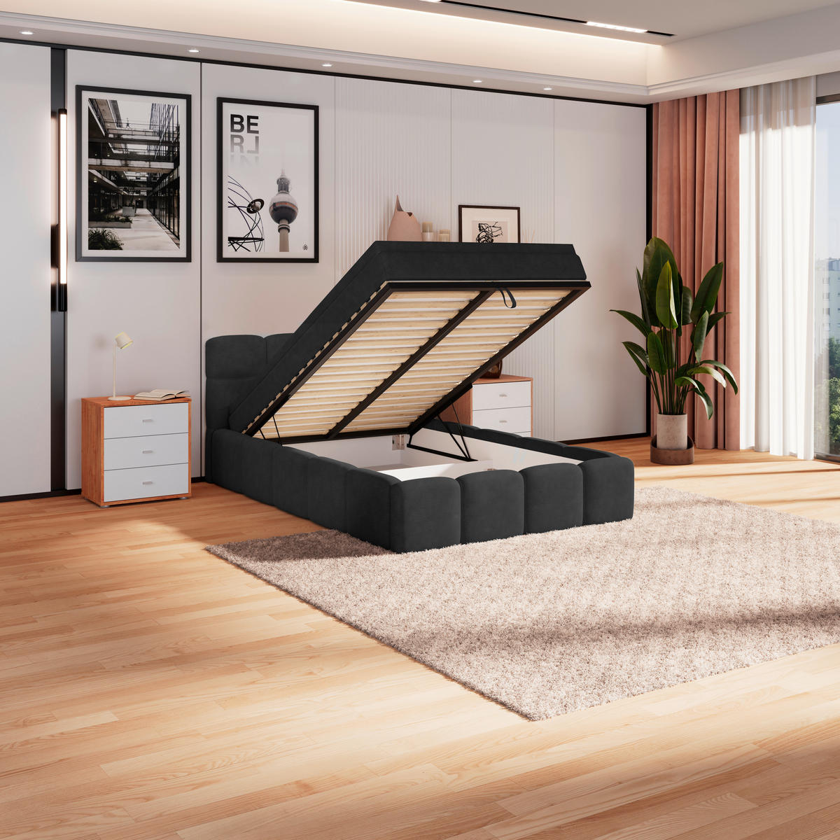 POLSTERBETT 120/200 cm,  in Schwarz, Matratze, Bettkasten, H3 = fest  - Schwarz/Weiß, Trend, Kunststoff/Textil (120/200cm)