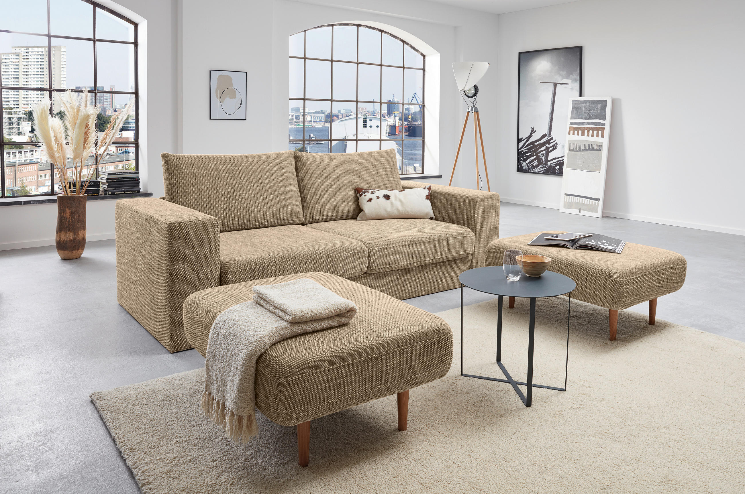 ZWEISITZER-SOFA inkl. Hocker in Webstoff Braun, Beige  - Beige/Schwarz, Design, Kunststoff/Textil (172/96/107cm) - LOOKS by W.Joop