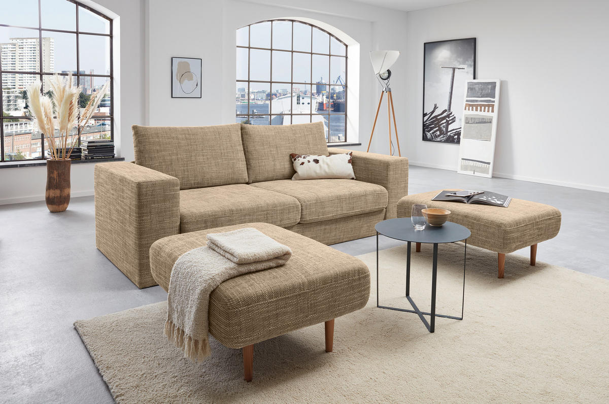 ZWEISITZER-SOFA inkl. Hocker Webstoff Braun, Beige  - Beige/Schwarz, Design, Kunststoff/Textil (172/96/107cm) - LOOKS by W.Joop