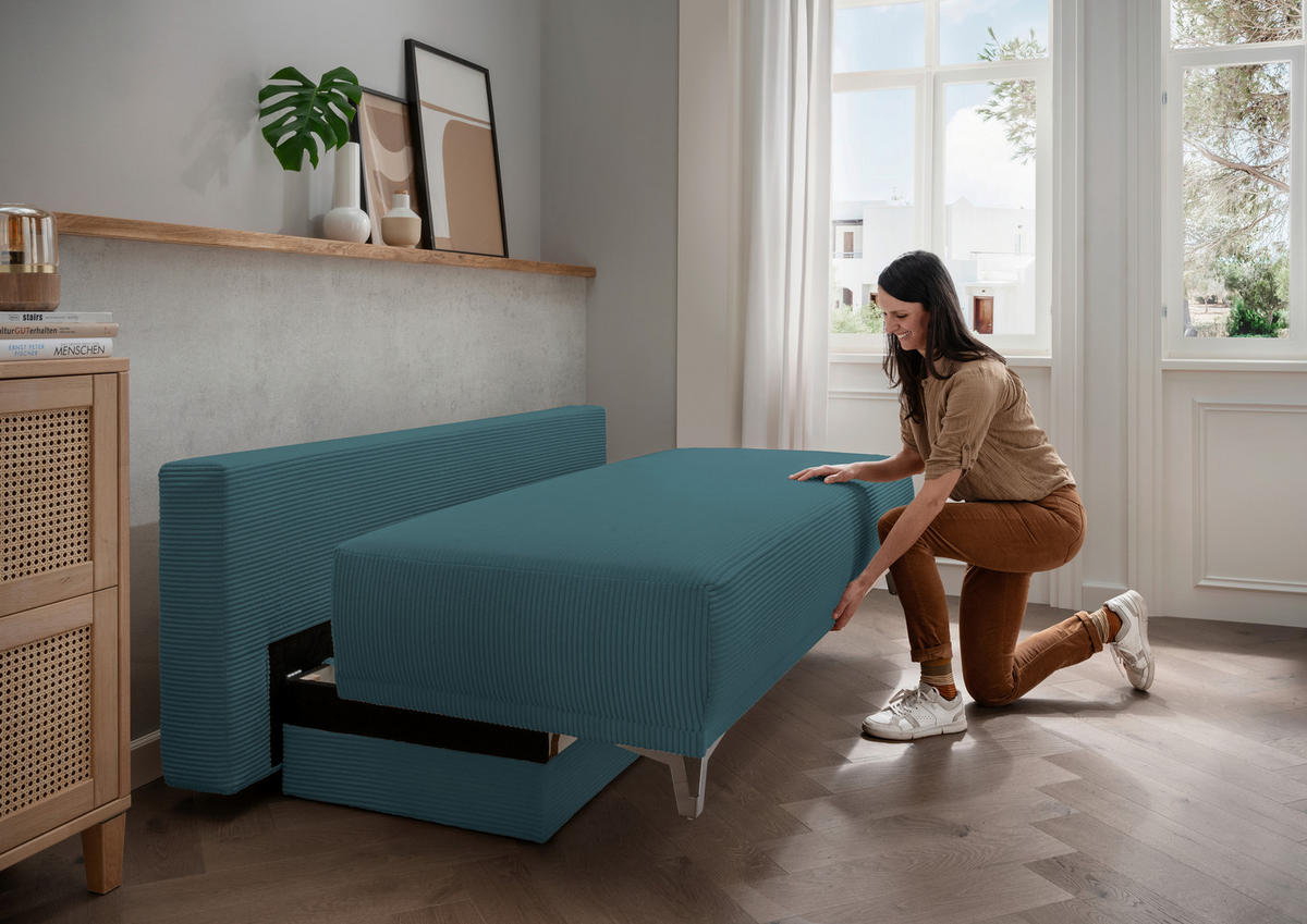 SCHLAFSOFA in Cord Petrol  - Chromfarben/Petrol, Modern, Textil/Metall (198/90/100cm) - Livetastic