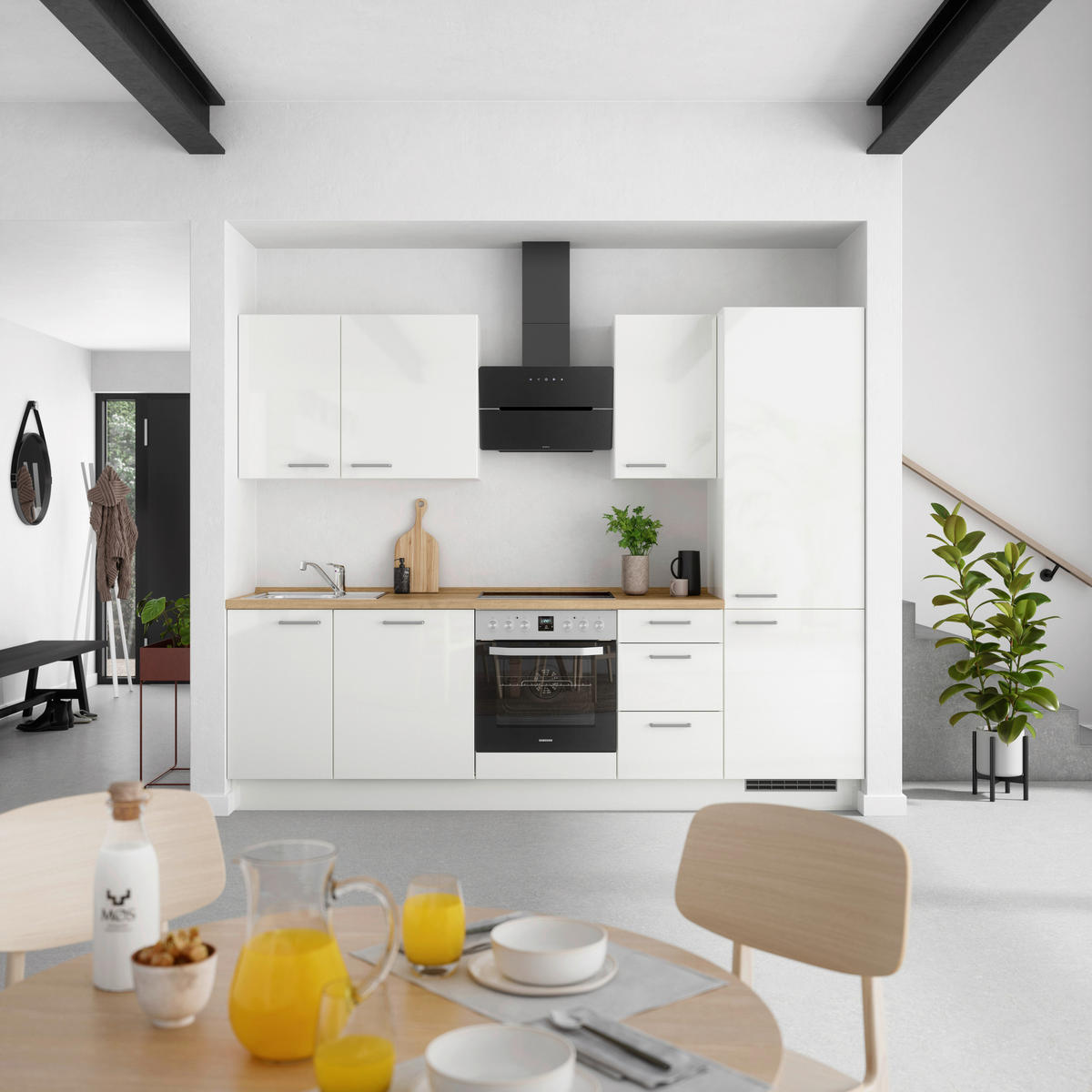 KÜCHENLEERBLOCK 270 cm   in Eichefarben, Weiß Hochglanz  - Edelstahlfarben/Eichefarben, MODERN, Holzwerkstoff/Metall (270cm) - Nobilia