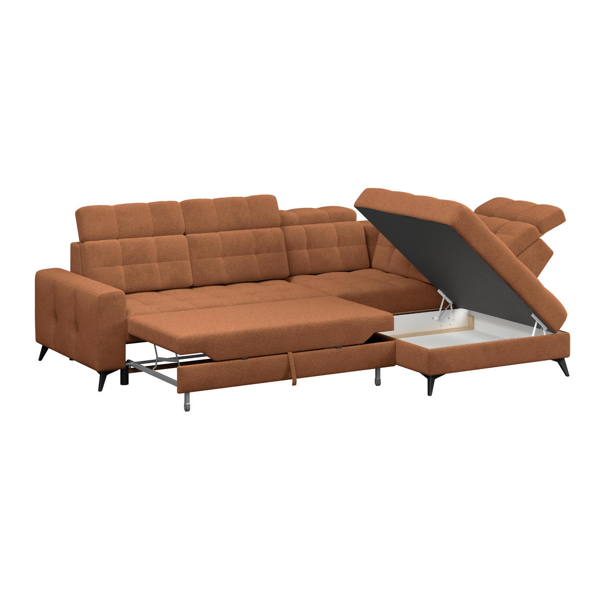 ECKSOFA BARLETTA NEW Terracotta Velours Bettkasten, Kopfteilverstellung, Sitztiefenverstellung, Liegefläche im Originalstoff  - Terracotta/Schwarz, ROMANTIK / LANDHAUS, Textil/Metall (289/228cm) - MID.YOU