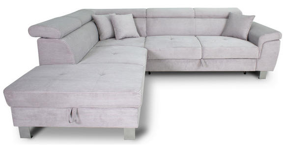 ECKSOFA inkl. Funktionen Hellgrau Cord Zierkissen, Schlaffunktion, Kopfteilverstellung, Kopfstütze, Stauraum  - Silberfarben/Hellgrau, Design, Textil/Metall (226/257cm) - Xora