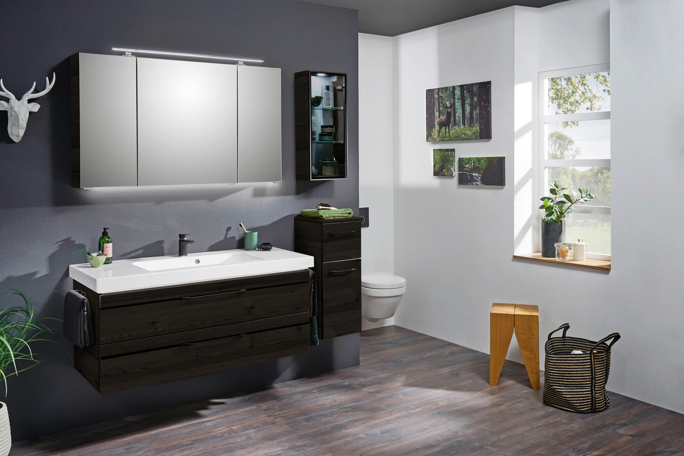 Thumbnail - Sadena Waschtischkombi Bern, Pinien, Dunkelbraun, Metall, 2 Schublade(n) Schubladen, 123.5 cm, Goldenes M, Made in Germa...