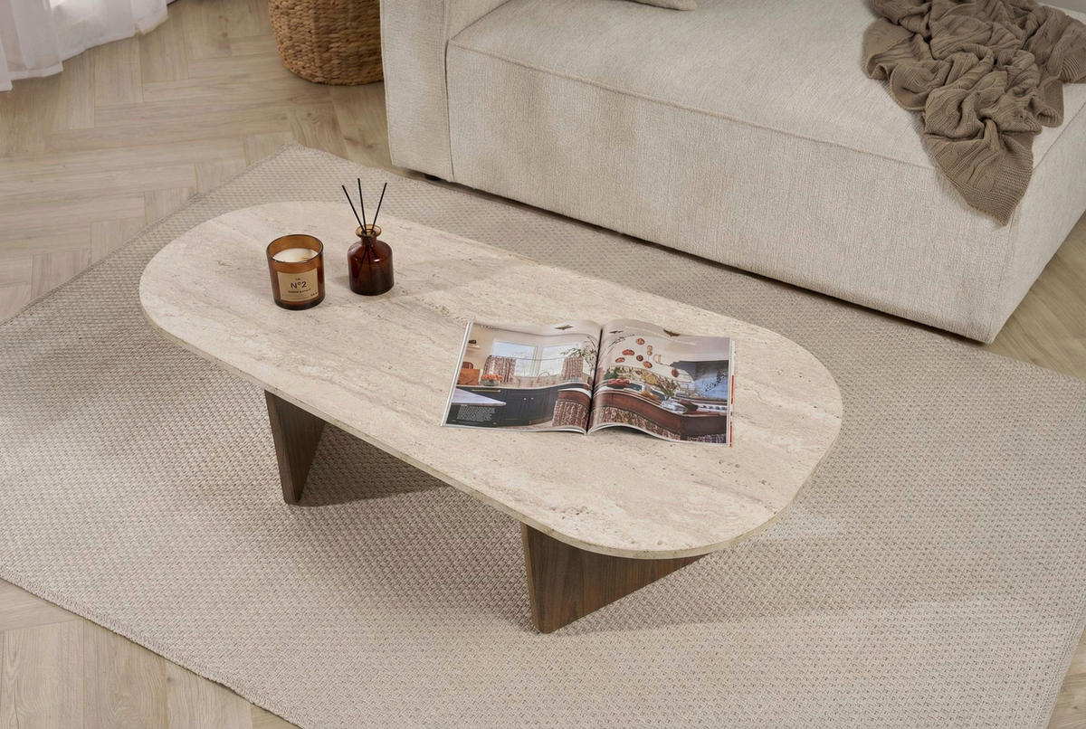 COUCHTISCH 130/65/40 cm Freiform Creme, Walnussfarben  - Walnussfarben/Creme, Design, Holzwerkstoff (130/65/40cm) - MID.YOU