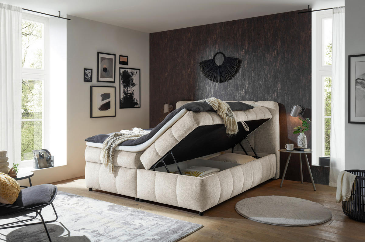 BOXBETT 180/200 cm,  in Creme, Bettkasten, Topper, H2 + H2 = mittel  - Creme/Schwarz, Design, Kunststoff/Textil (180/200cm) - Esposa