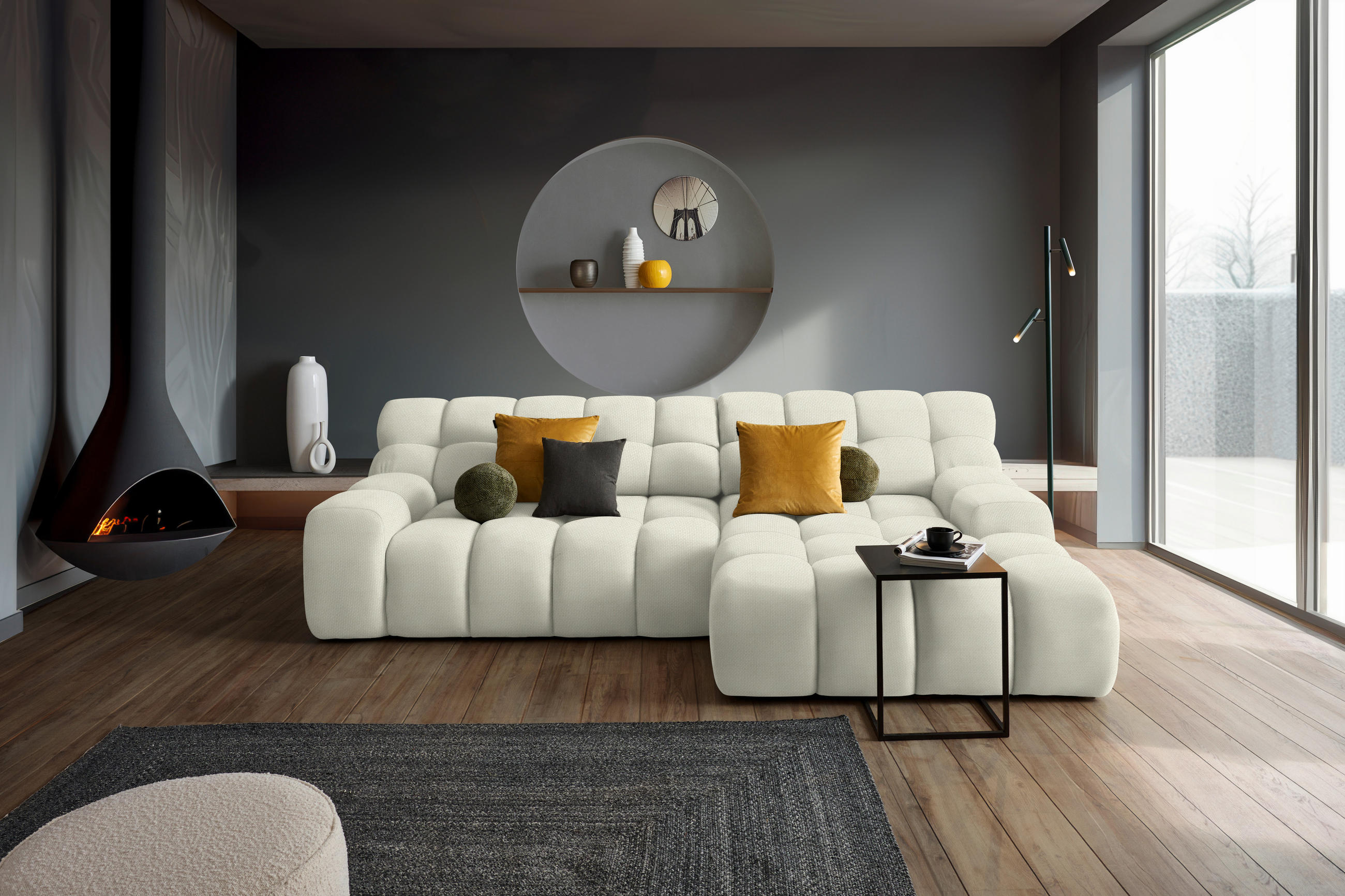 ECKSOFA in Webstoff Ecru  - Ecru/Schwarz, Modern, Kunststoff/Textil (297/180cm) - Welnova