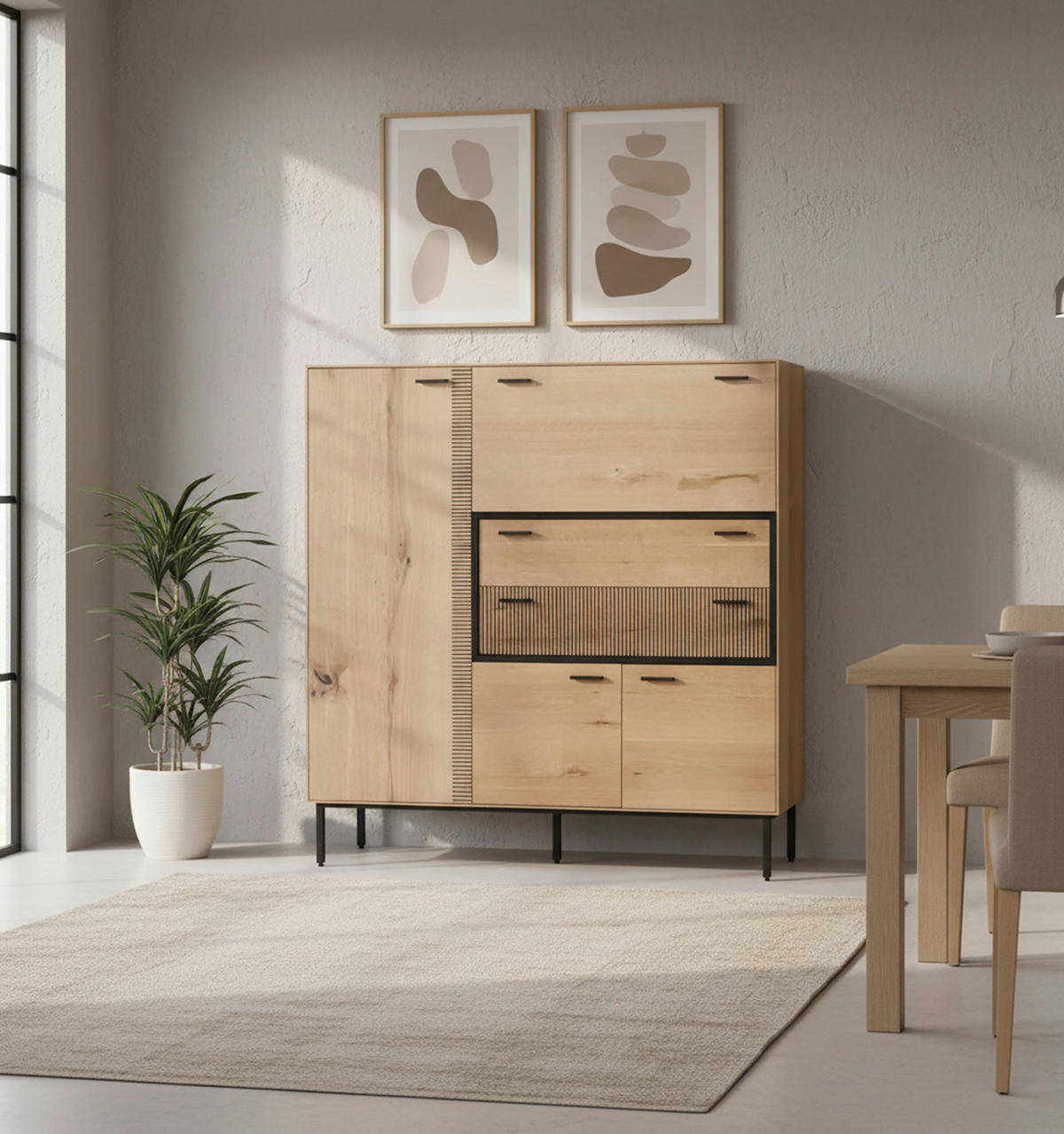 HIGHBOARD  115/120/42 cm 2 Schublade(n)  - Eichefarben/Schwarz, LIFESTYLE, Holzwerkstoff/Metall (115/120/42cm) - Novel