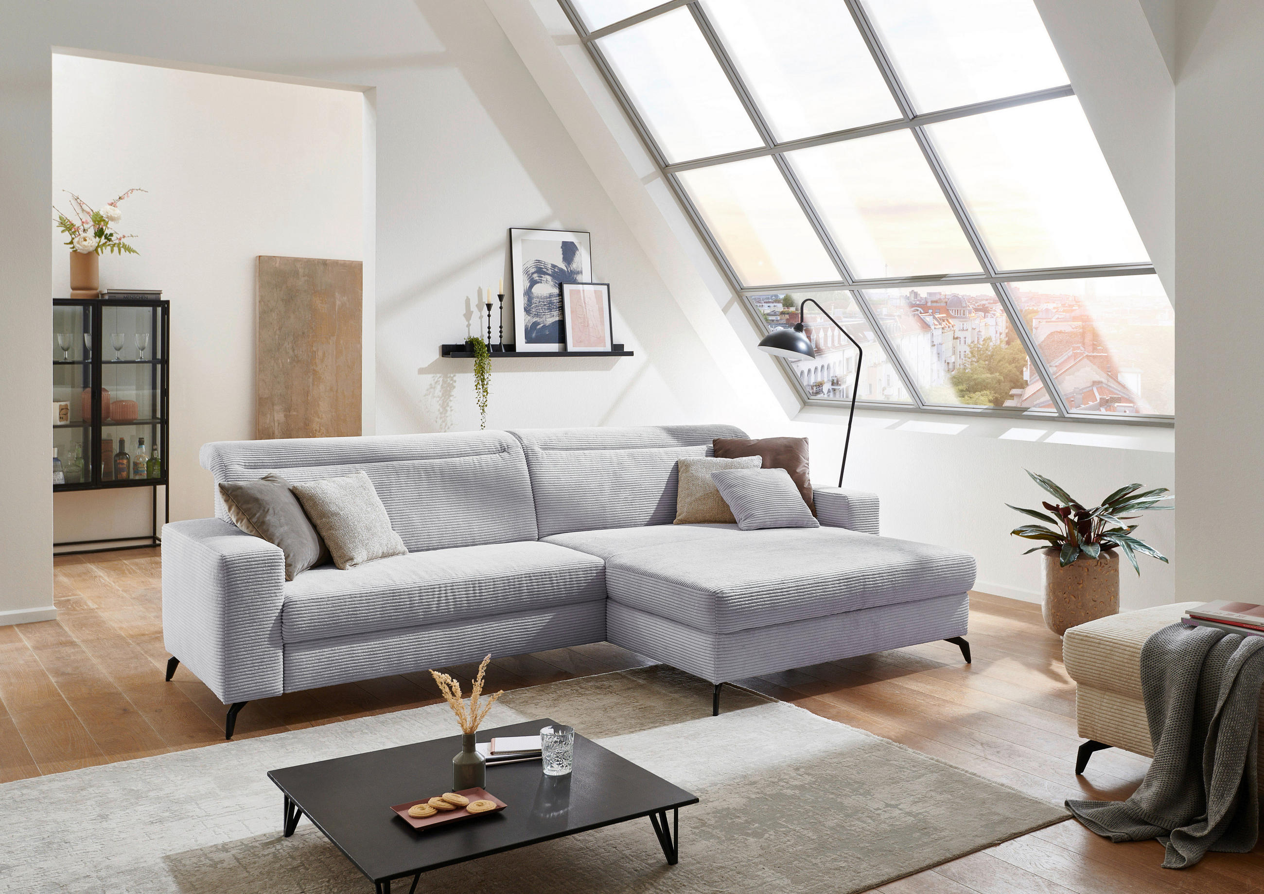 ECKSOFA in Cord Hellgrau  - Hellgrau/Schwarz, Konventionell, Textil/Metall (290/178cm) - Sit & More