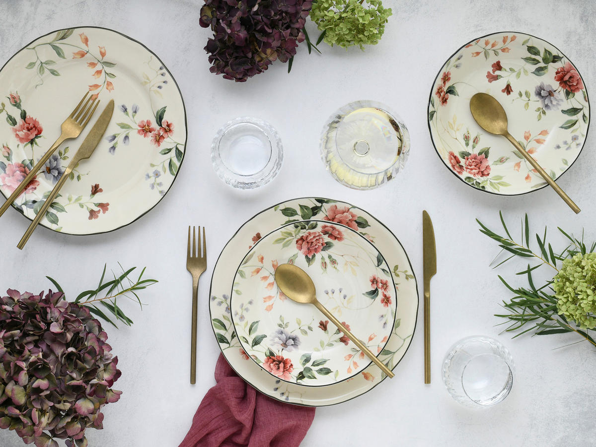 TAFELSERVICE Priscilla Bunt 12-teilig  - Waldgrün/Mauve, Trend, Keramik - Creatable