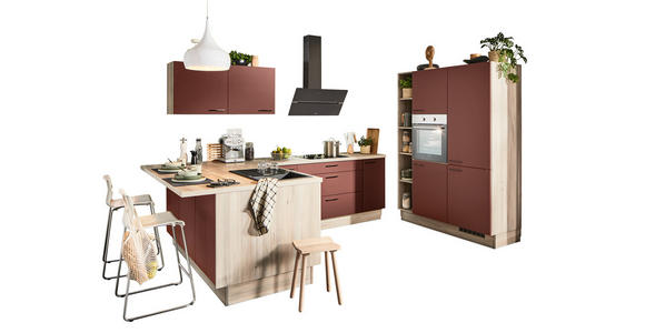 ECKKÜCHE in Rot, Tannenholzfarben - Rot/Tannenholzfarben, Design, Holzwerkstoff/Metall (121,6/280/150cm) - Xora