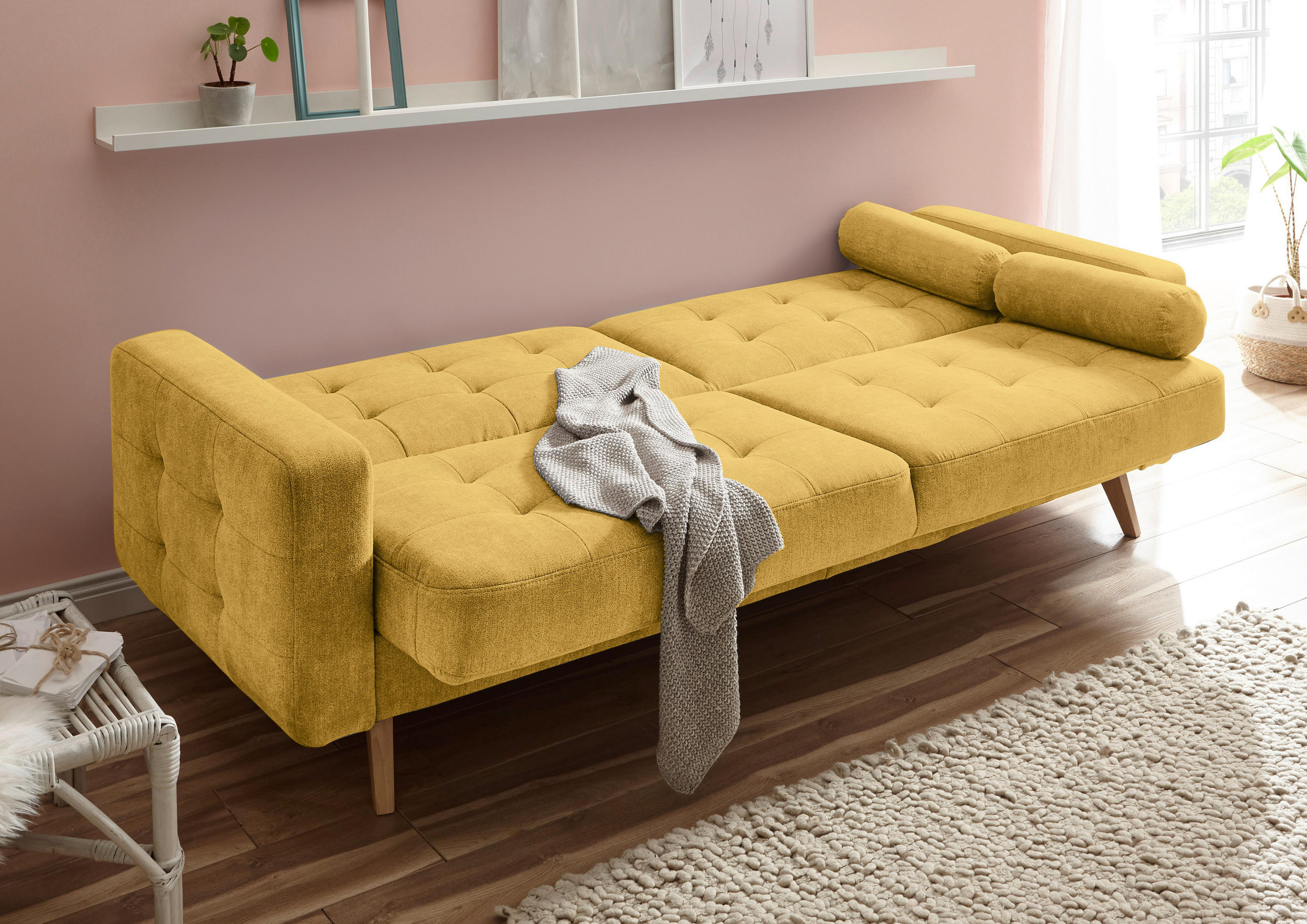 SCHLAFSOFA in Mikrovelours Gelb - Eichefarben/Gelb, MODERN, Holz/Holzwerkstoff (222/86/90cm) - MID.YOU