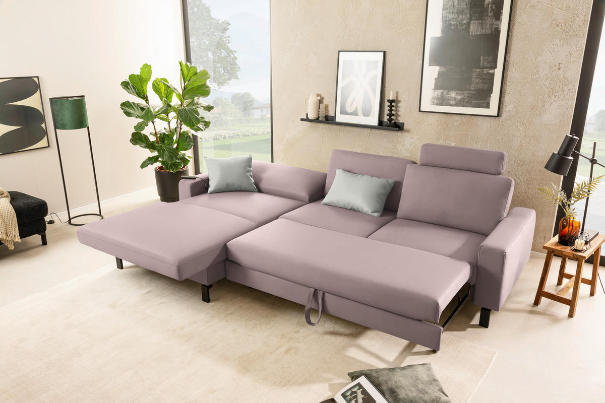 ECKSOFA  in Cord Rosa Rücken echt, Sitztiefenverstellung  185/298 cm  - Schwarz/Rosa, Design, Textil/Metall (185/298cm) - Pure Home Lifestyle