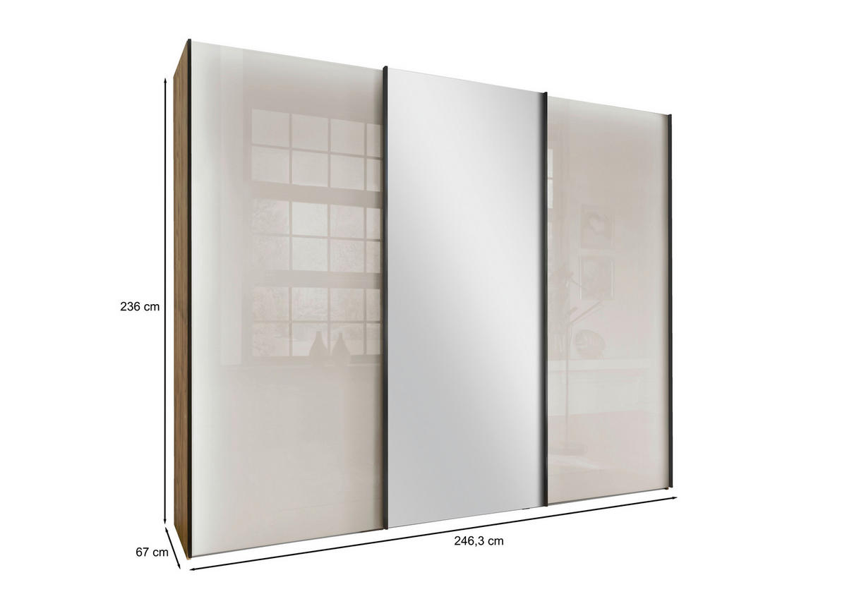 SCHWEBETÜRENSCHRANK  in Champagner, Eiche Bianco  - Schieferfarben/Eiche Bianco, KONVENTIONELL, Glas/Holzwerkstoff (222,6/236/67cm) - Dieter Knoll