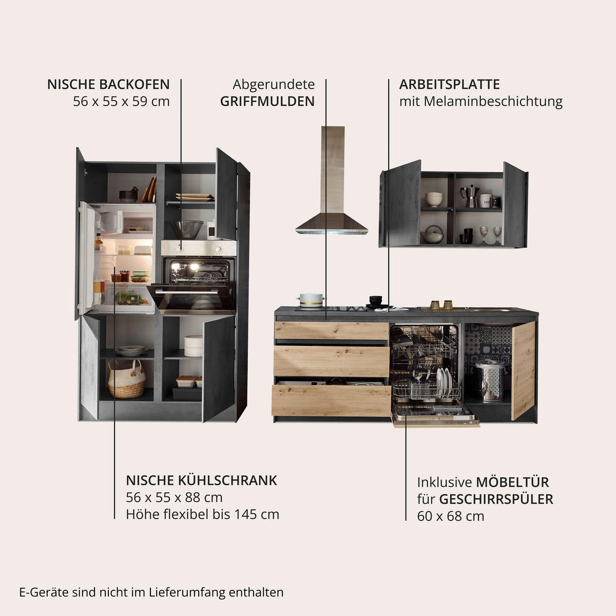 KUHINJSKI BLOK BREZ APARATOV - barve hrasta/antracit, Basics, leseni material (336,4/210/60cm) - Xora