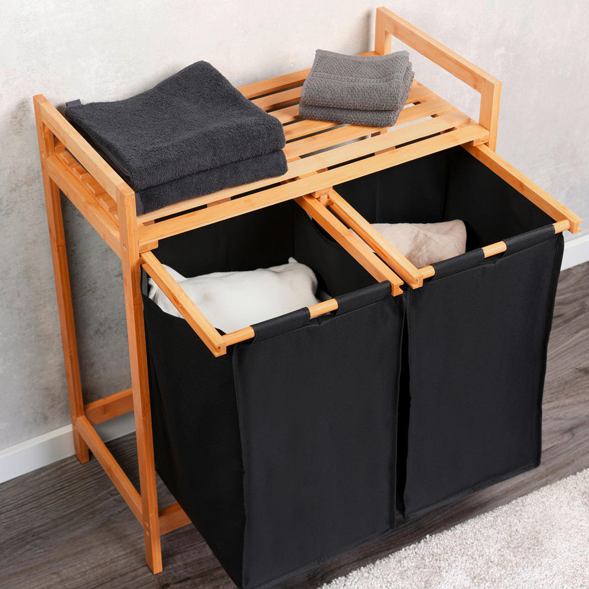 Wäschesammler mit - Schwarz/Naturfarben, Basics, Naturmaterialien/Textil (64/73/33cm) - Kesper