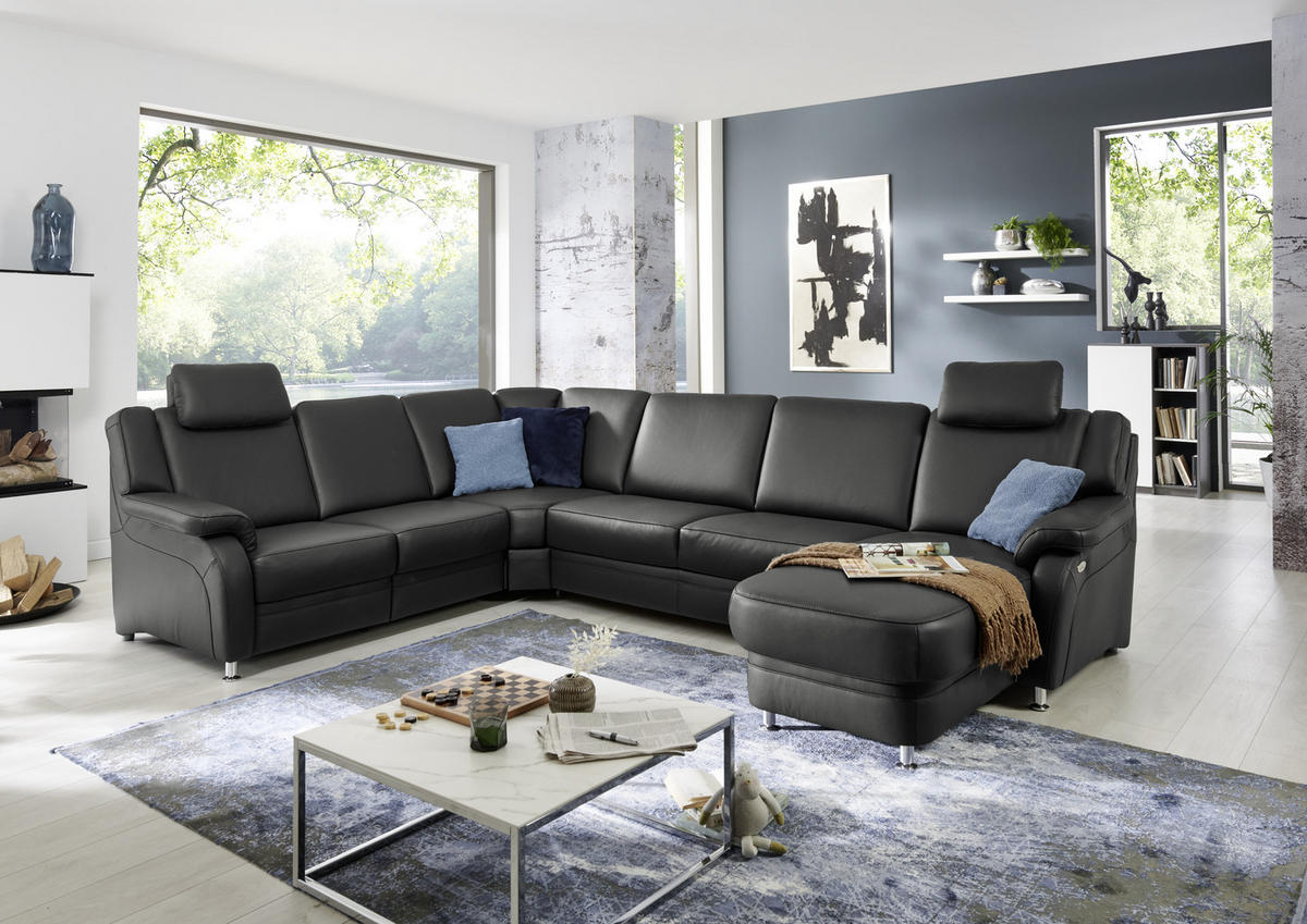 WOHNLANDSCHAFT in Echtleder Anthrazit  - Anthrazit/Alufarben, Konventionell, Leder/Metall (239/329/165cm) - Beldomo Premium