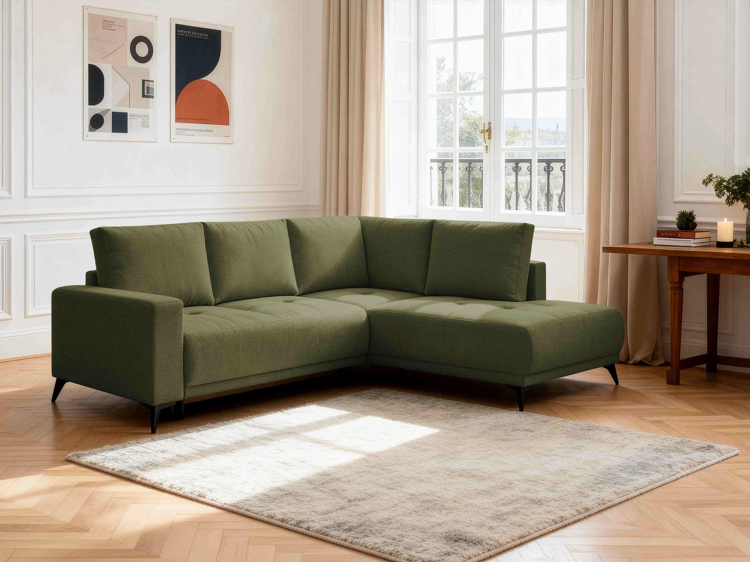 ECKSOFA RAFAEL Grün Struktur Rückenkissen, Bettkasten  - Schwarz/Grün, Design, Textil/Metall (269/218cm) - P & B