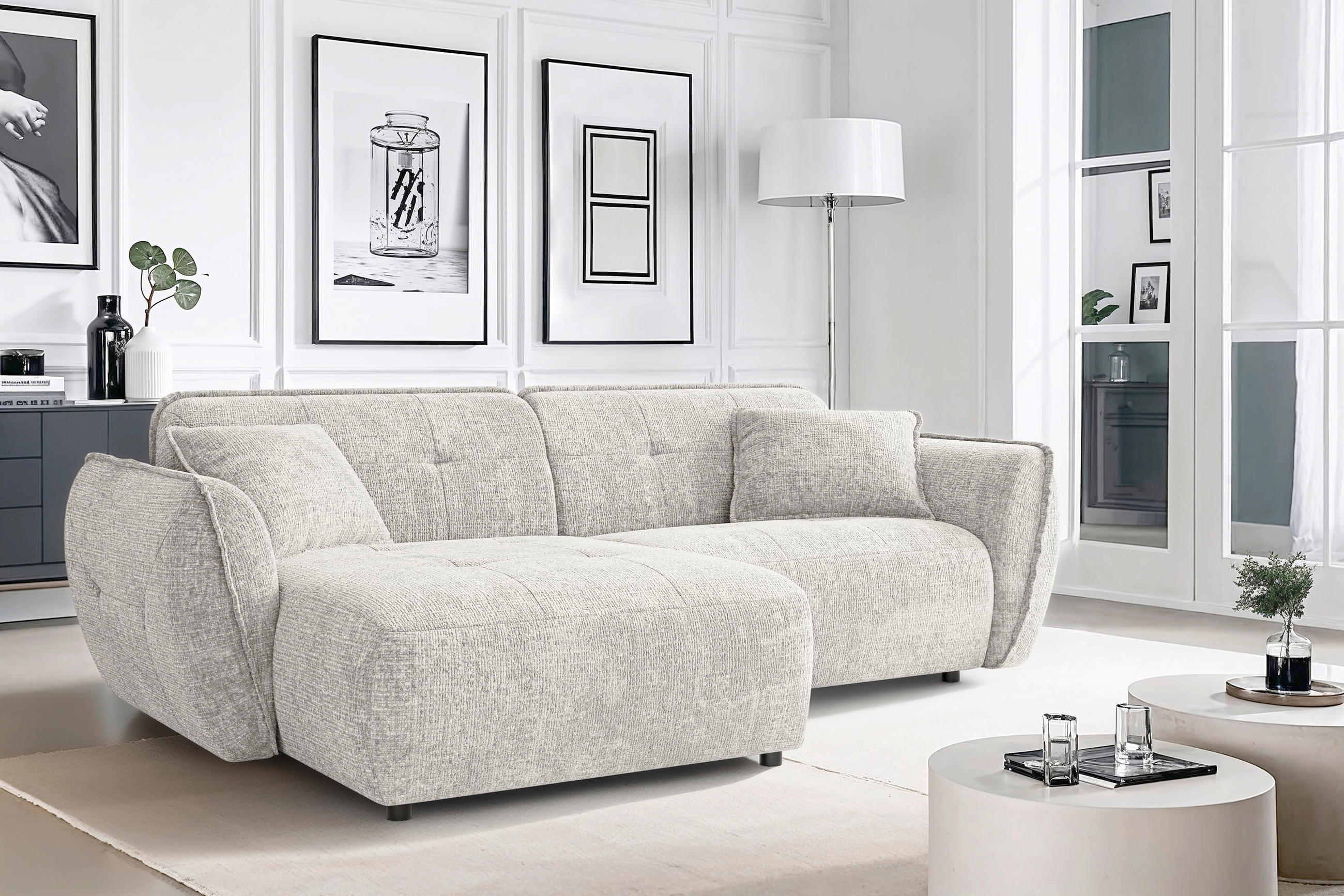 ECKSOFA Nelia in Chenille Beige  155/252 cm  - Beige/Schwarz, Design, Kunststoff/Textil (155/252cm) - P & B