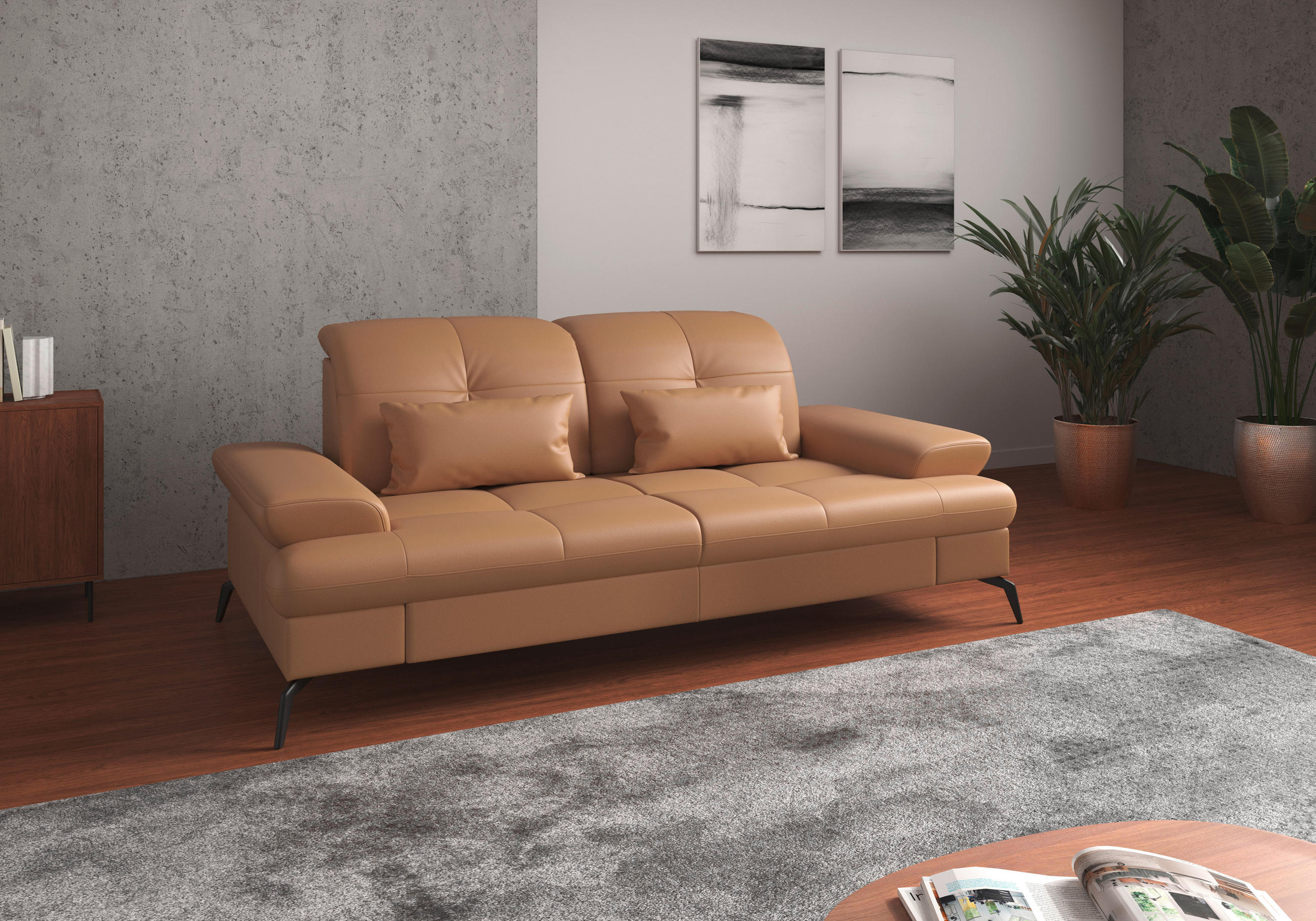 3-SITZER-SOFA in Echtleder Cappuccino - Schwarz/Cappuccino, Konventionell, Leder/Metall (212/90/122cm) - Sit & More
