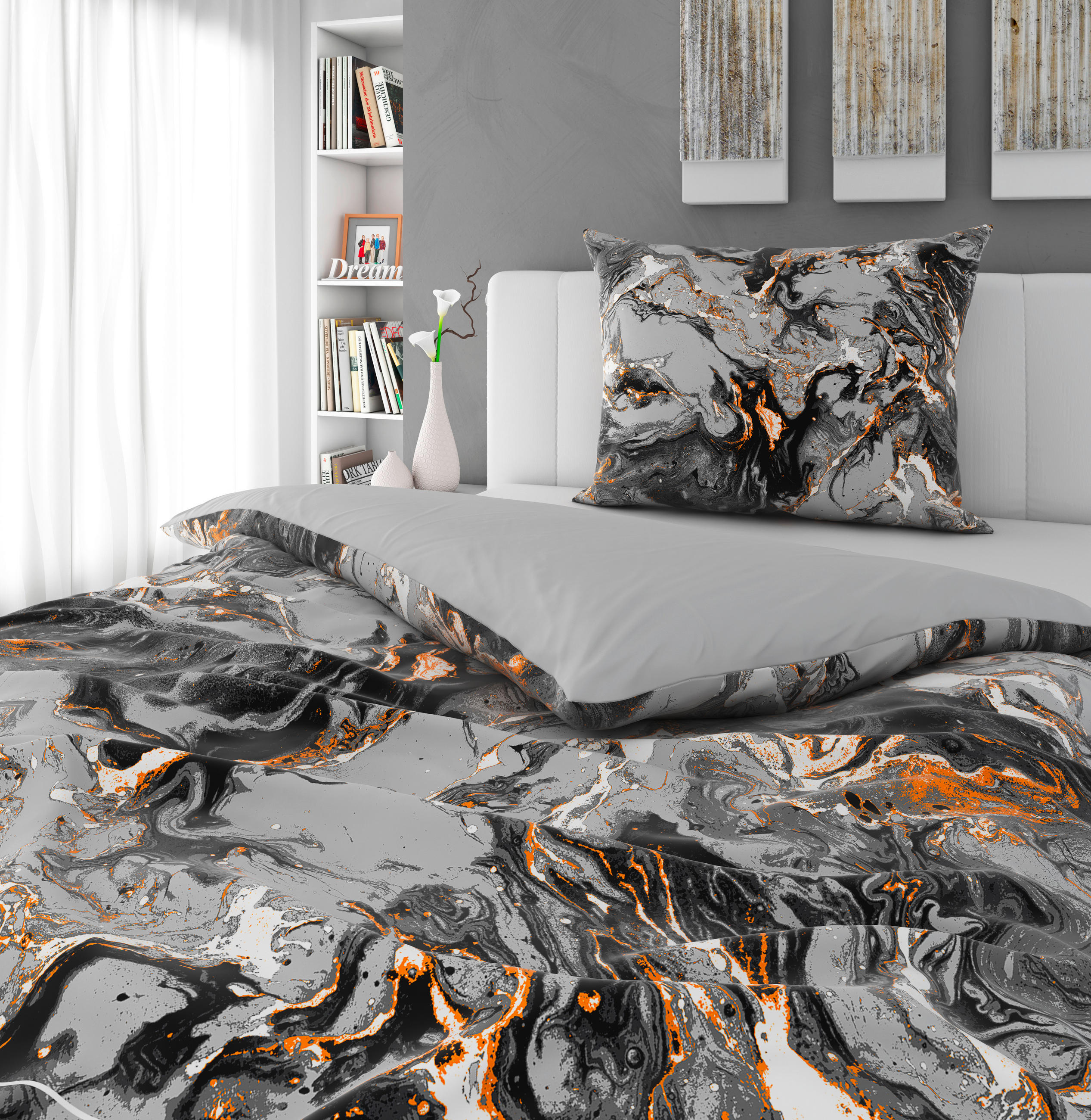 BETTWÄSCHESET MARMOR Satin 160/210 cm  50 cm/70 cm  - Anthrazit, Konventionell, Textil (160/210cm) - Novel