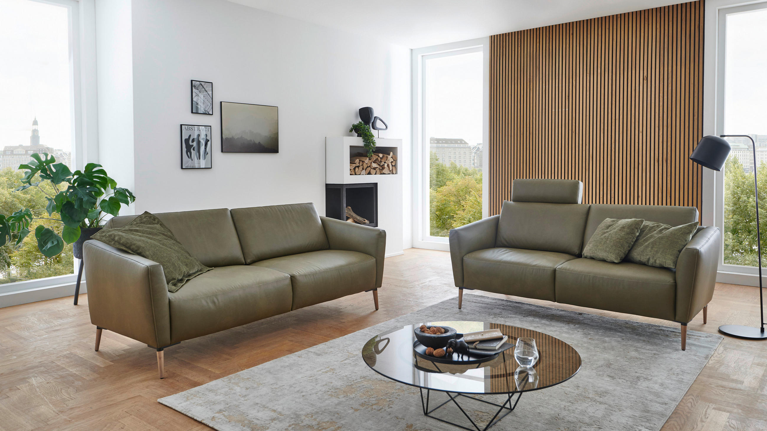 2-SITZER-SOFA Olivgrün Echtleder  - Eichefarben/Beige, Natur, Leder/Holz (207/86/87cm) - Valnatura