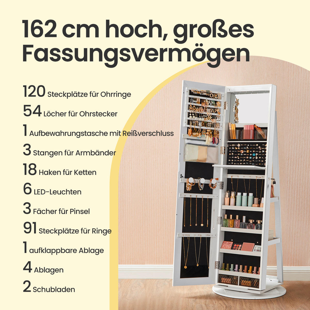 SCHMUCKSCHRANK 54,5/162/37 cm  - Weiß, Basics, Glas/Holzwerkstoff (54,5/162/37cm)