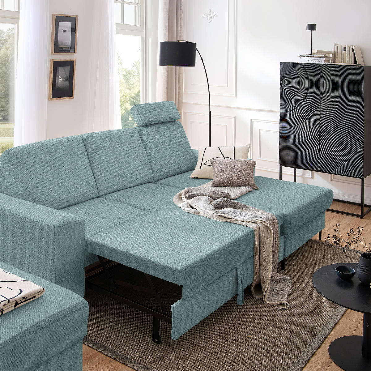 ECKSOFA in Webstoff Mintgrün  - Schwarz/Mintgrün, Konventionell, Textil/Metall (247/167cm) - Stylife