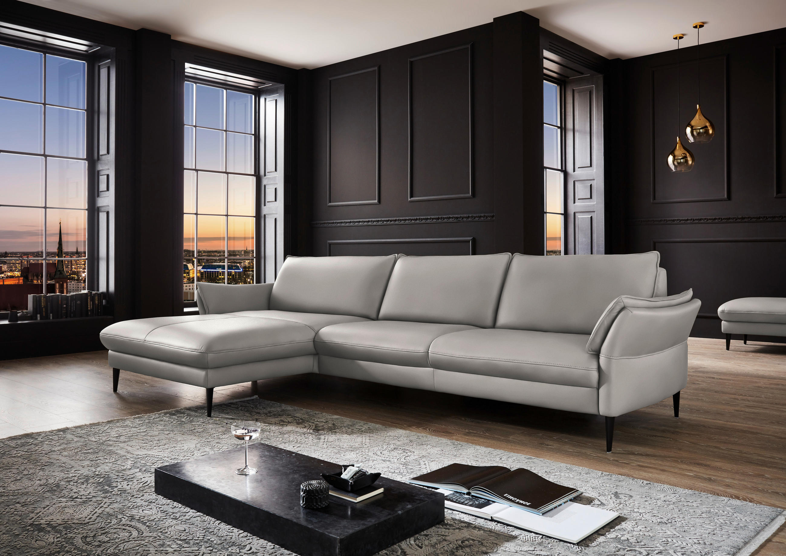 ECKSOFA inkl. Funktion Hellgrau Echtleder  - Hellgrau/Schwarz, Design, Leder/Metall (172/334cm) - Hukla