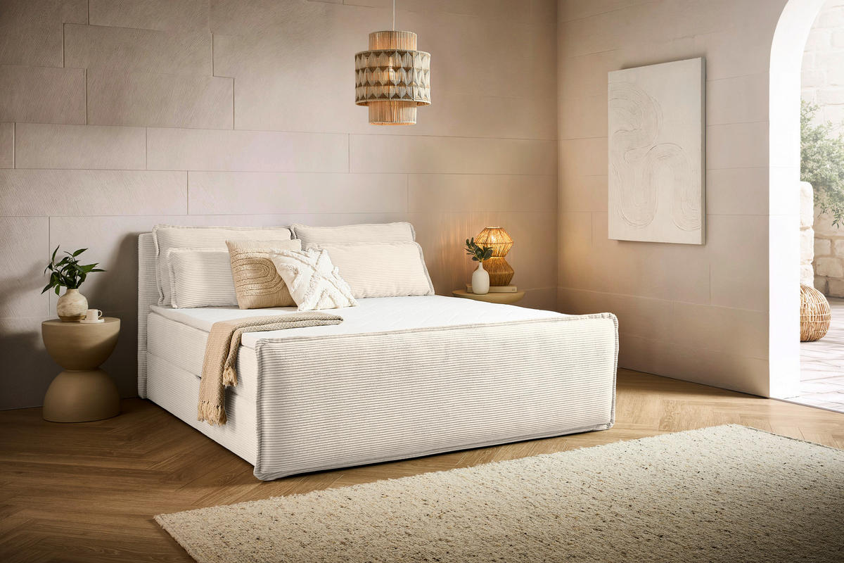 BOXBETT 180/200 cm,  in Beige, Kissen, Bettkasten, Topper, H3 + H3 = fest  - Beige/Schwarz, Design, Kunststoff/Textil (180/200cm) - Chameo