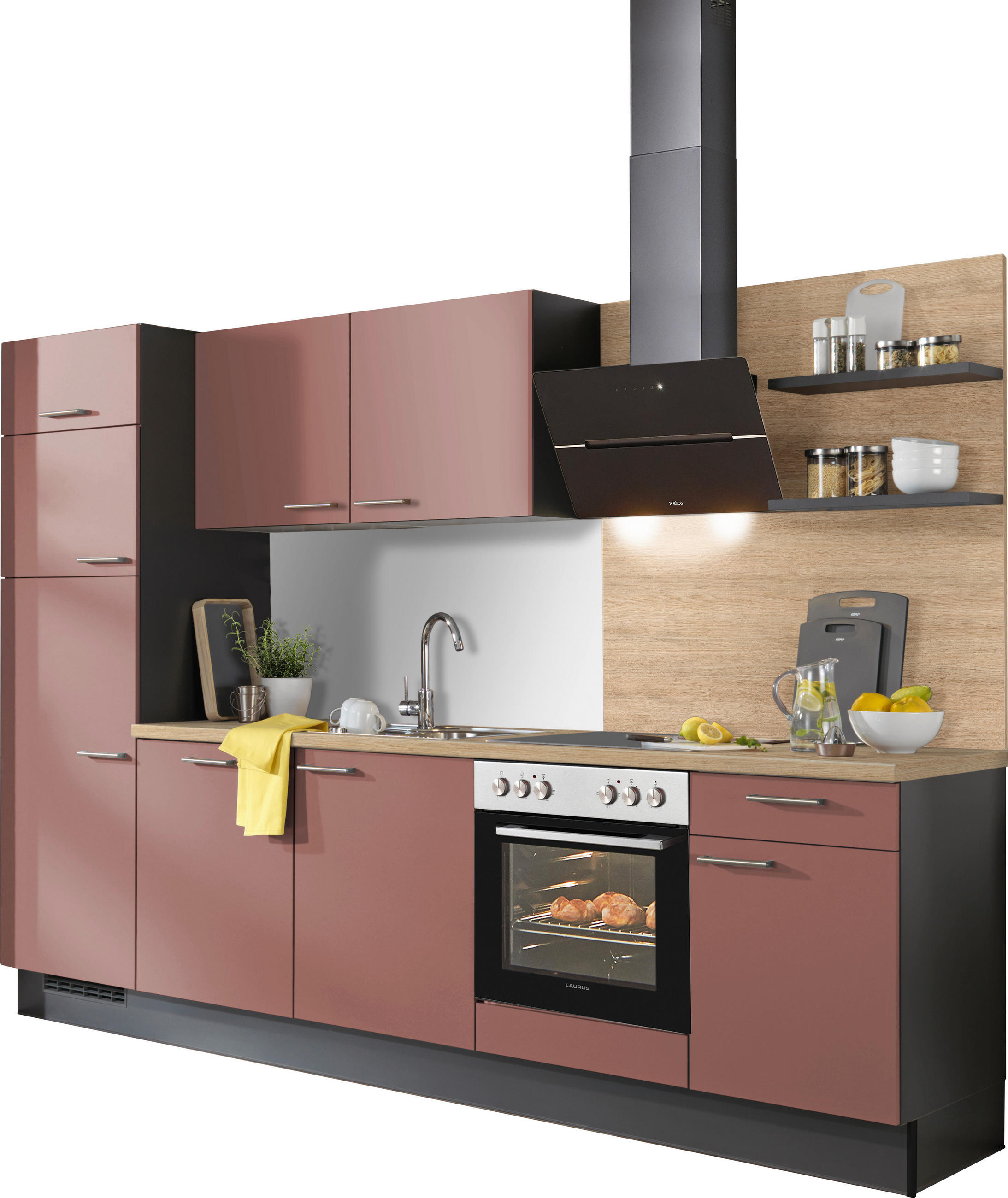 KÜCHENBLOCK 290 cm   in Graphitfarben, Rot, Eichefarben  - Edelstahlfarben/Eichefarben, Design, Holzwerkstoff/Metall (290cm) - Xora