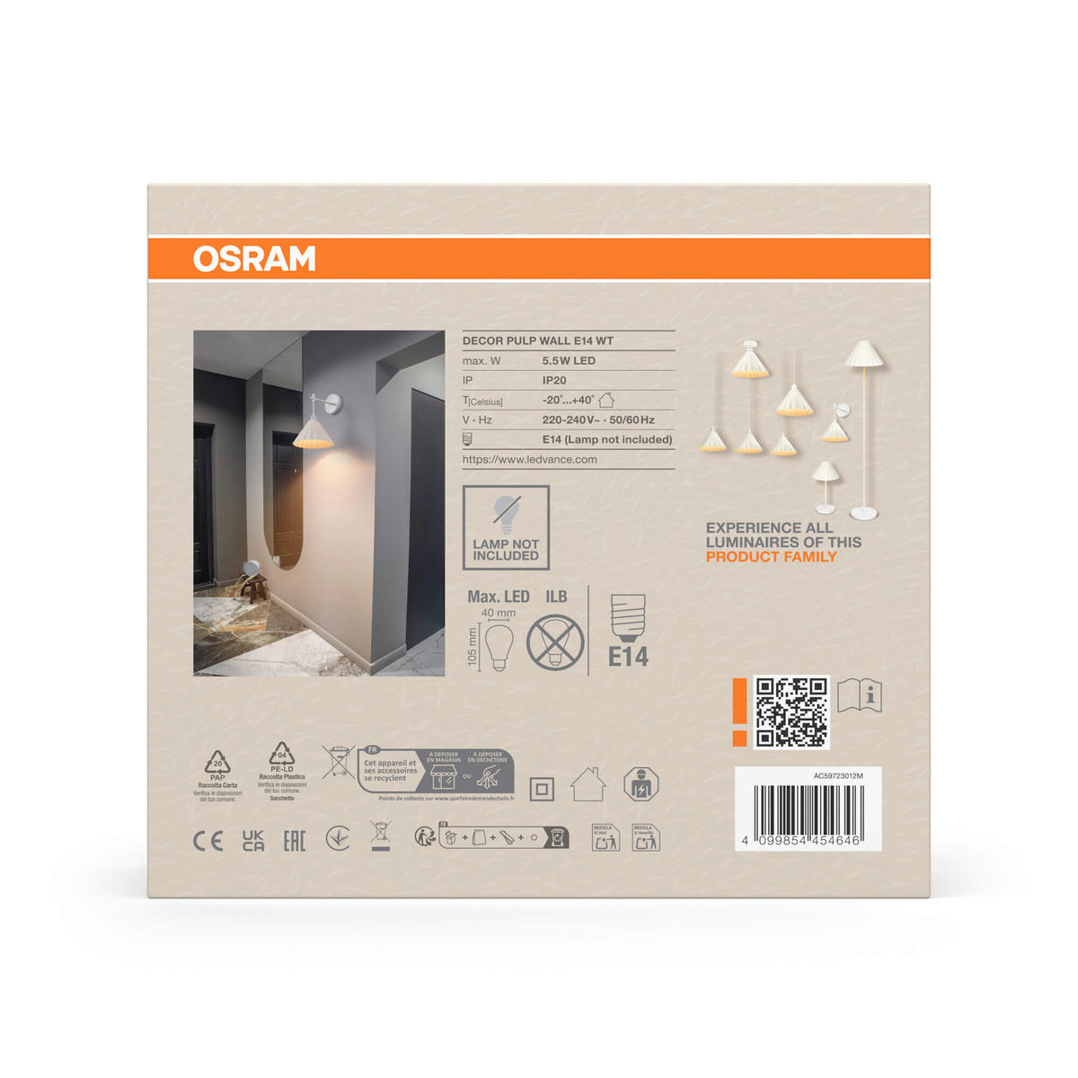 WANDLEUCHTE 21.8/26.2/33 cm   - Basics, Papier/Metall (21.8/26.2/33cm) - Osram