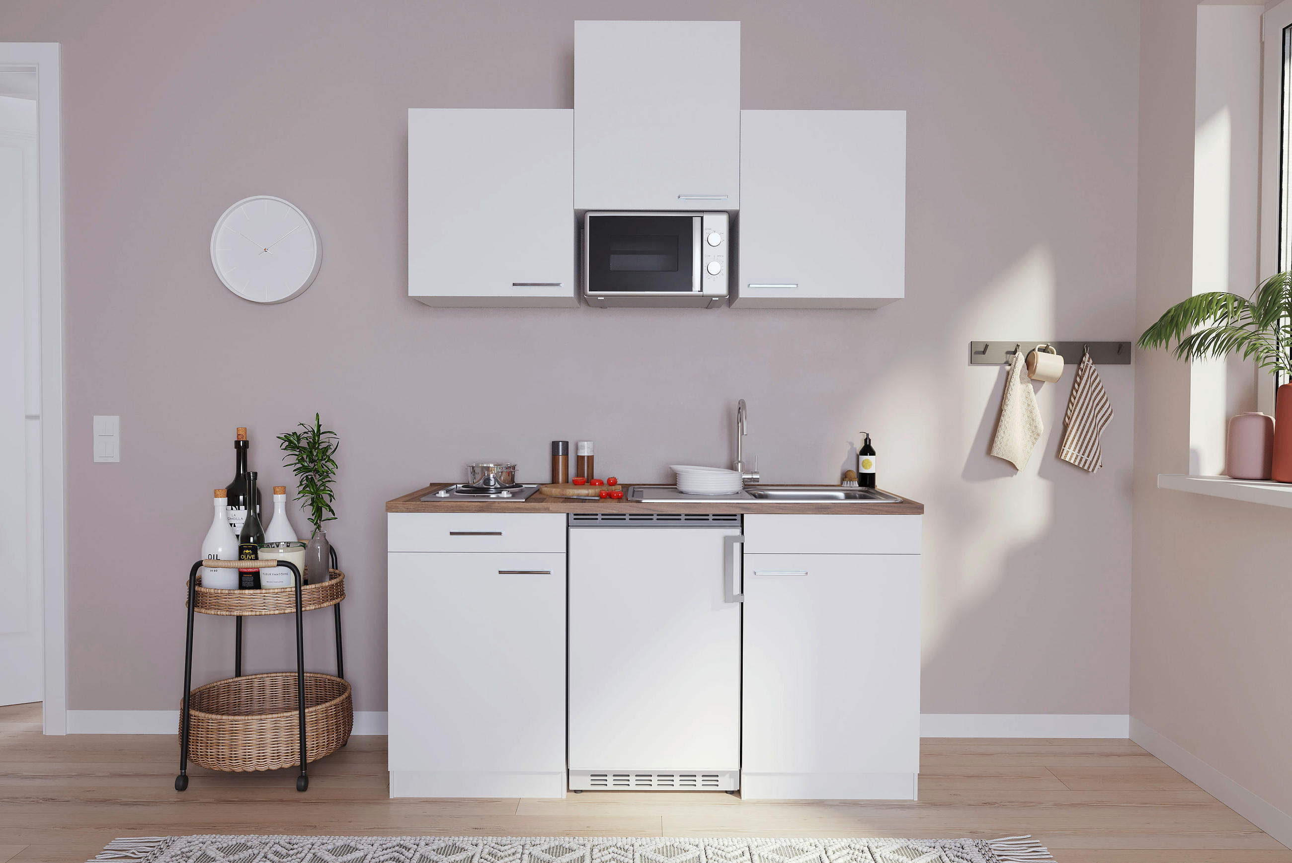 MINIKÜCHE Singleküchen 150 cm  in Weiß  - Edelstahlfarben/Nussbaumfarben, Basics, Holzwerkstoff/Kunststoff (150cm) - Respekta