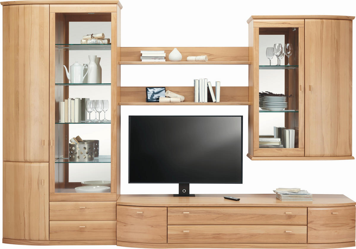 WOHNWAND  in Buchefarben  315/218,7/55,1 cm  - Buchefarben/Alufarben, KONVENTIONELL, Glas/Holz (315/218,7/55,1cm) - Invivus