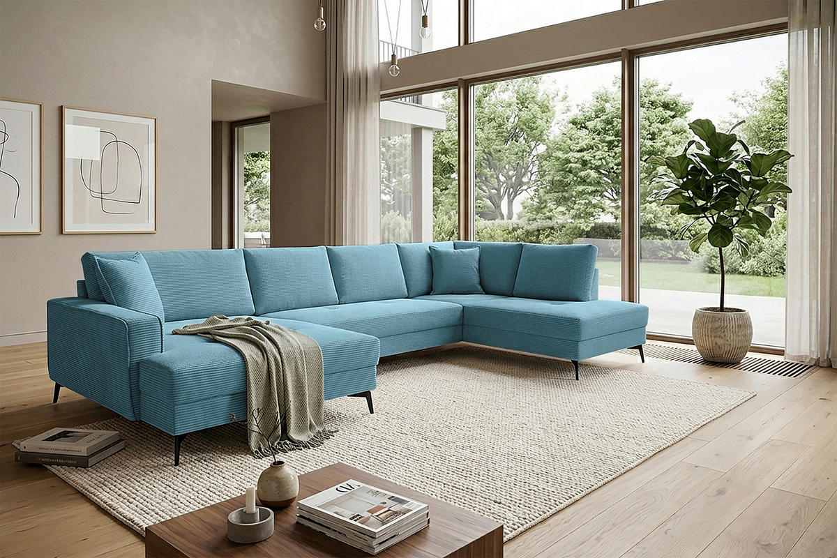 WOHNLANDSCHAFT ZERO Blau Cord  - Blau/Schwarz, Trend, Textil/Metall (173/362/195cm) - Livetastic